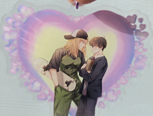 Non-holographic version of skater girl anime acrylic charm showing role-reversal romance design by Karifa