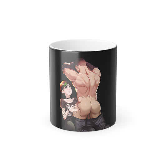 Tomboyish goth punk rock girl with buff bara jock.